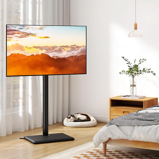 TVON Universal Floor TV Stand with Mount for Most 32-65 Inch TVs up to 88lbs, Height Adjustable TV Floor Stand with Wood Base for Space Saving, Tall Floor TV Stand for Bedroom, Corner & Living Room