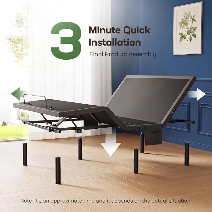 Marsail Queen Adjustable Bed Frame with Massage, Electric Adjustable Bed Base with Head & Foot Incline, Quiet Motor Adjustable Bed Frame with USB Ports, LED Light, Height-Adjustable Legs
