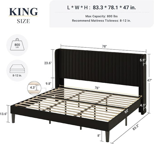 Allewie King Size Velvet Bed Frame/Vertical Channel Tufted Wingback Headboard/Upholstered Platform Bed/Strong Wooden Slats/No Box Spring Needed/Easy Assembly/Black