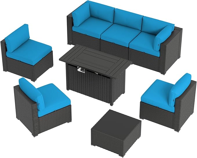 Aoxun 8 Piece Patio Furniture Set with 44” Fire Pit Table, Wicker Rattan Patio Sectional Sofa, Outdoor Furniture Set with Thickened Cushion, Peacock Blue