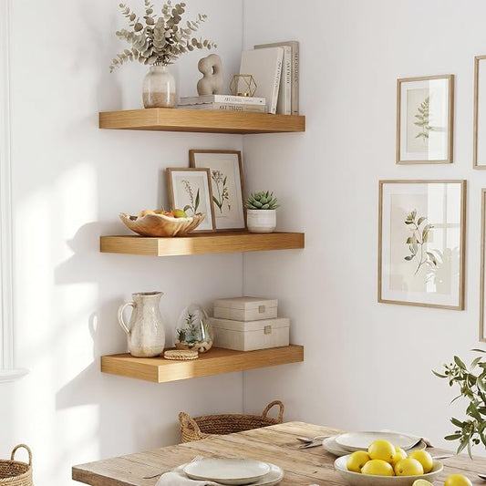 Fun Memories Wood Floating Shelves 20 Inch, 10 Inch Deep Shelves Wall Mount, Wall Shelves with Invisible Bracket, 20" Floating Shelves for Living Room Bathroom Bedroom, Oak, Set of 3