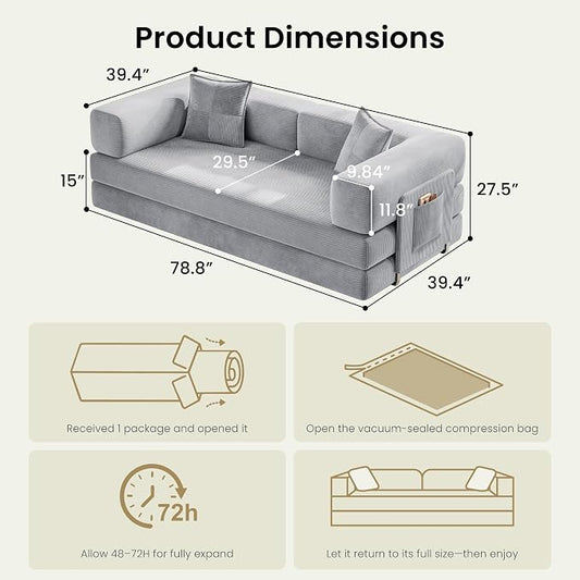 78.8" Convertible Futon Sofa Bed,Corduroy Futon Couch with Storage Pocket,Folding Pull Out Sofa,No Assembly Boneless Couch for Living Room,Grey