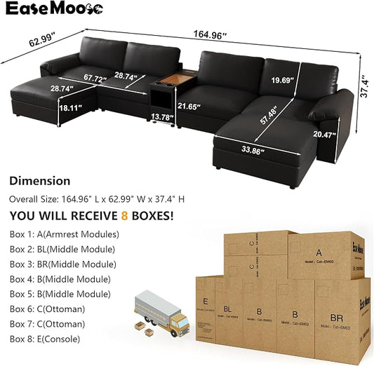 EASE MOOSE Leather Sectional Couch with Console,Oversized Modular Sectional Sofas,Wide Deep Seat Modular Couch,Scratch Resistant Faux Leather Material,U Shaped Sofa for Big Spaces,Black