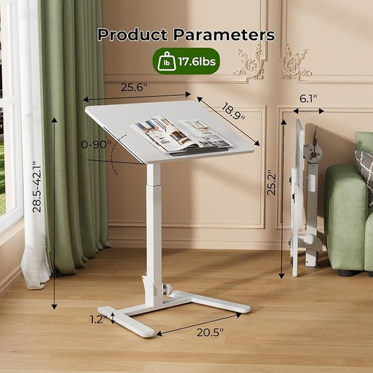 Gibbon Mounts Foldable Standing Desk,Small Mobile Sit-Stand Desk with 90 Tiltable Top,Rolling Rising Laptop Workstation Adjustable Height,Portable Table on Hidden Wheels/4 Lockable Casters,White