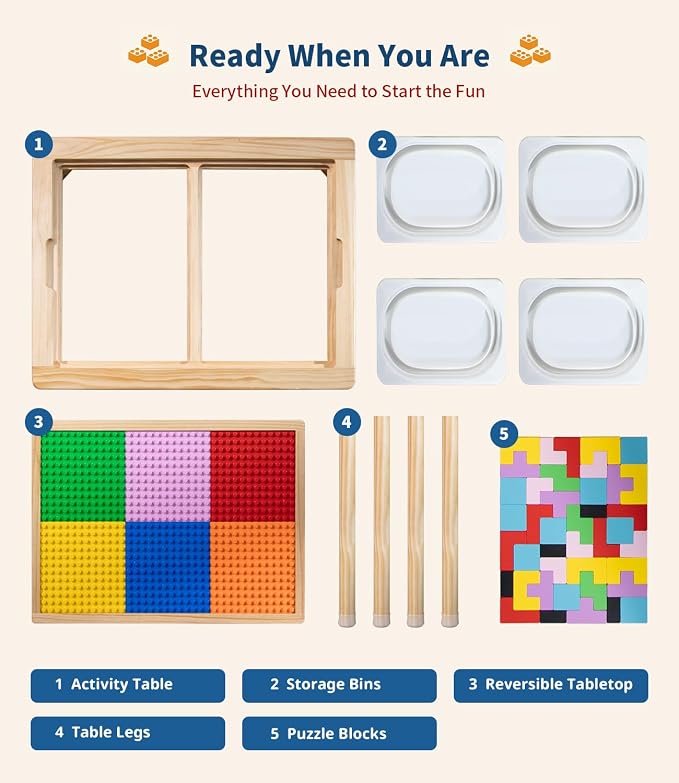 JOIN&JOY 28" Kids Activity Table, Compatible with Lego & Duplo Bricks, 4 Foldable Storage Bins, Premium Solid Pine Wood Play Desk, Reversible Tabletop for Multi-Child STEM Learning & Crafts