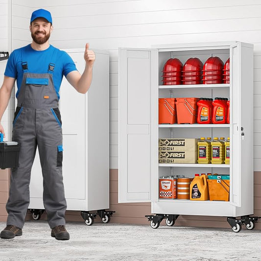 45.6" Metal Garage Storage Cabinet with Wheels and Locking Doors and Tall Rolling Steel Tool Cabinet with 3 Adjustable Shelves for Garage,Home,Office,Shop (White, 45.6''H x 23.7''W x11.8''D)