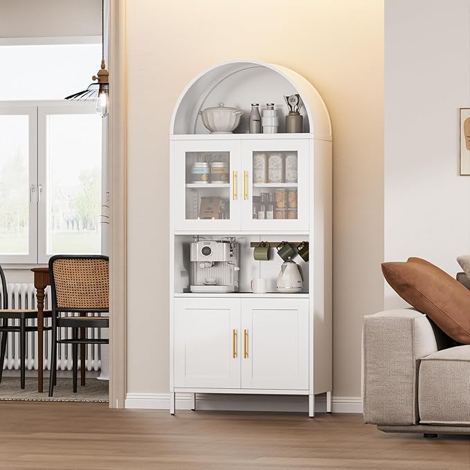 72.8" H Metal Pantry Cabinet with 4 Doors and 2 Adjustable Shelves, White Arched Kitchen Pantry Cabinet with Open Shelf for Kitchen, Dining Room, Assembly Required
