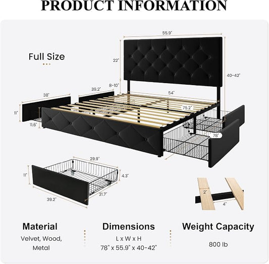 SHA CERLIN Full Size Platform Bed Frame with 4 Oversized Storage Drawers, Adjustable Headboard with Velvet Upholstery, Diamond Button Tufted Design, Wooden Slat Support, No Box Spring Needed, Black