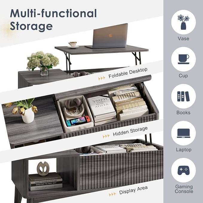 LYNCOHOME Fluted Lift Top Coffee Table with Storage,Modern Center Table for Living Room, Home Office(Grey)