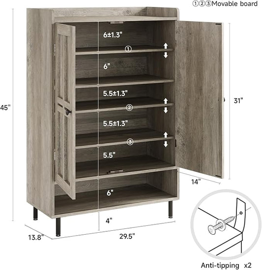 ComfyCorner Grey 7+1 Tier Farmhouse Shoe Storage Cabinet - 45" Tall Entryway Organizer with Cross Molding Doors, 3 Adjustable Shelves & Metal Legs, Shoe Rack for Front Door Entrance