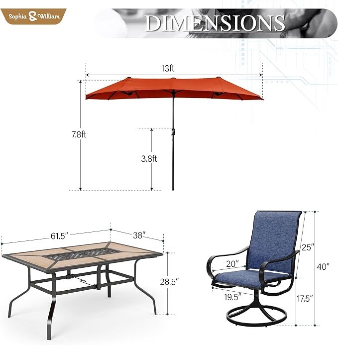 Sophia & William Patio Set with Umbrella Outdoor Dining Set for 6 with 13ft Umbrella Orange Red, 6 x Patio Chairs Blue, 1 Wood Like Dining Table for Deck Lawn Garden (No Umbrella Base)