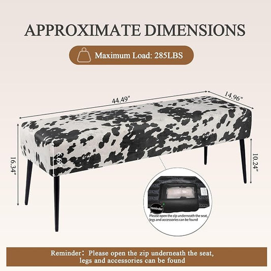 DUHOME Velvet Bench Ottoman, Upholstered Bedroom Benches Cow Print End of Bed Bench with Black Metal Base for Entryway Dining Room Living Room Bedroom, Black