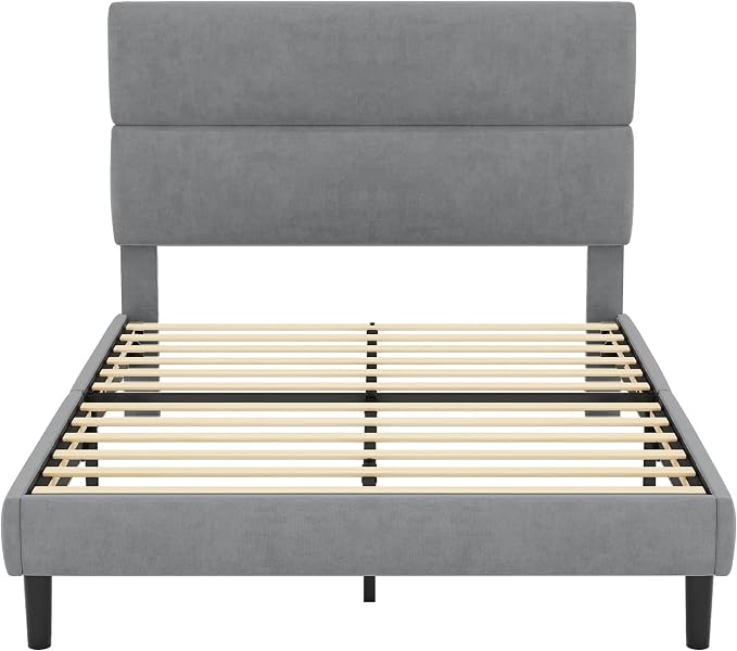 GRUSIGN Full Size Platform Bed Frame with Velvet Headboard, Adjustable Height Wooden Slats Support, Upholstered Mattress Foundation, Fits Mattress or Mattress with Box Spring, Easy Assembly, Grey