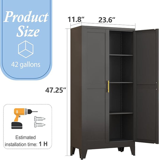 Black Metal Storage Cabinet, 48" Steel Cabinets for Home Office | Kitchen Pantry Storage Cabinet with Doors and 3 Adjustable Shelves, for Office, Home, Garage, School