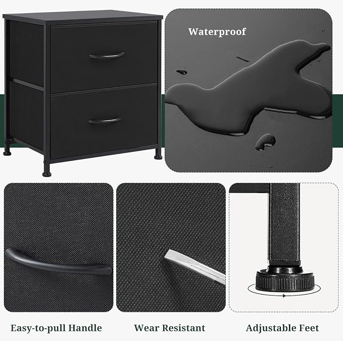 Nightstand Set of 2 Upgraded, Small 2 Drawer Dresser End Table Bedside Furniture, Wooden Top Fabric Bins for Bedroom, Closet, Entryway, Dorm, 11.8" D x 18" W x 20", Black