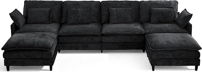 150.6" Chenille Modular Sectional Sofa, Convertible U Shaped Modular Sofa Comfy Cloud Couch with Ottoman, Side Pockets and 6 Throw Pillows for Living Room Black, 6 Seats