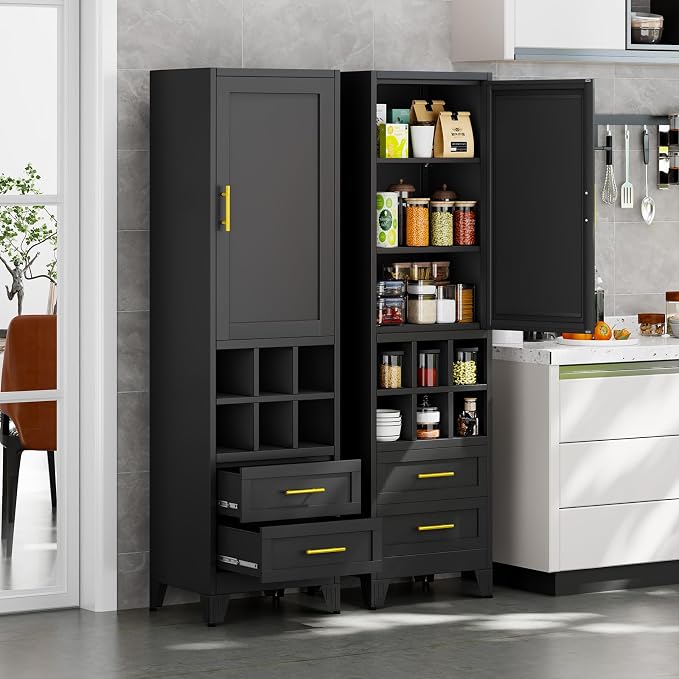 Metal Tall Narrow Storage Cabinet,Freestanding Floor Cabinet with 2 Drawers and 3 Adjustable Shelves,Pantry Storage Cabinets for Bathroom,Living Room,Entryway and Kitchen,Black