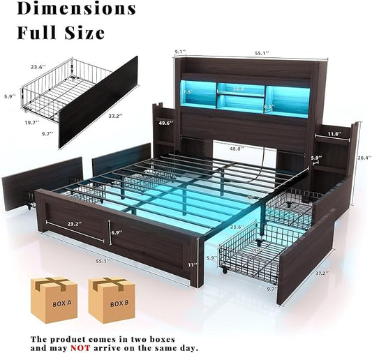 LUXOAK Full Bed Frame with 49.6" Bookcase Headboard & 2 Bedside Stoage Racks & 4 Drawers, Farmhouse Wood Bed Frame with RGB LED & Charging Station, No Box Spring Needed, Black