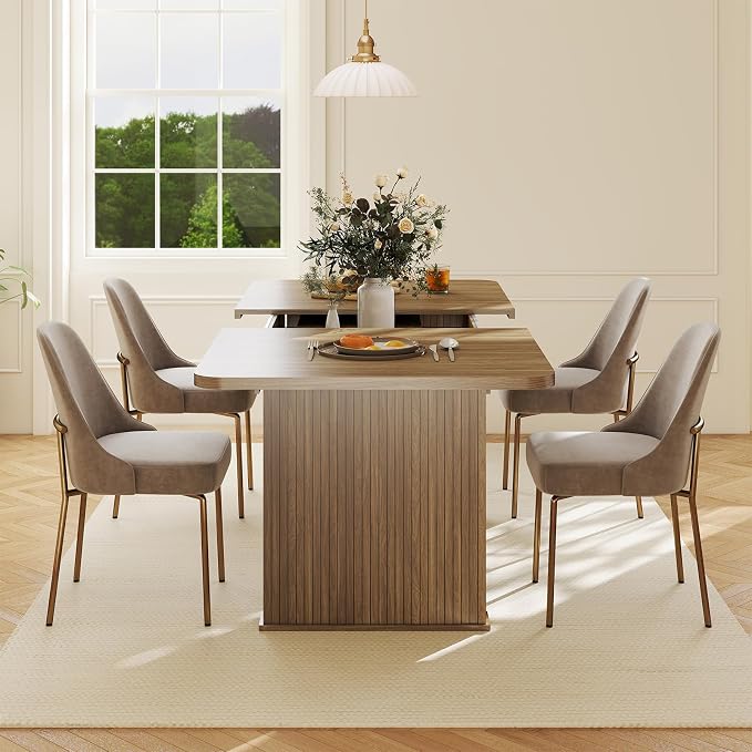 Zevemomo 63"-78.7" Expandable Dining Table, 6-10 Farmhouse Kitchen Table, Rectangular Extendable Dining Table, with Metal Slide Track, Widened Wood Striped Legs for Dining Room-Beige Brown