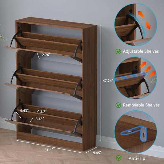 BORNOON Shoe Cabinet with 3-Flip Mirror Drawers, Freestanding Shoe Rack Organizer with Hidden Handle, Slim Narrow Shoe Storage Cabinet for Entryway, Entrance, Hallway, Bedroom