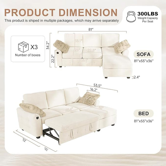 Hanherry 81" Sectional Couch with Pull Out Sofa Bed,Chenille Sleeper Sofa with Storage Ottoman & USB Charging,Comfy L Shaped Modular Couches for Living Room,Apartment