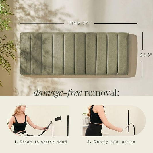 Hearth & Harbor Wall Mounted King Headboard Only, Bed Headboard King Size | Easy Assemble, Floating Peel & Stick, Upholstered Channel Stitched, 3D Wall Panels, 5 Strips of 3M Tape Included, Olive Green