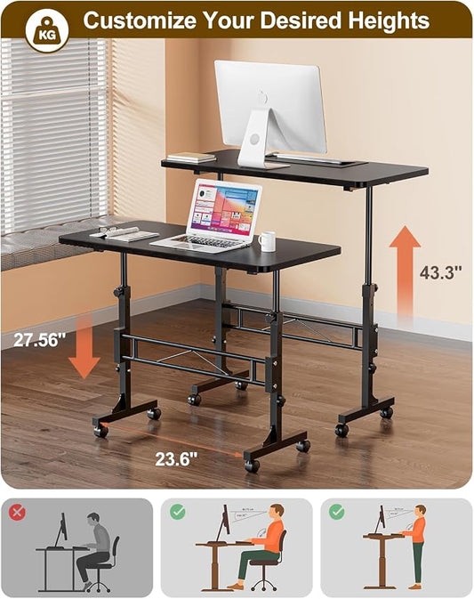 Amztabler Small Standing Desk Adjustable Height, Mobile Stand Up Desk with Wheels, 32 Inch Portable Rolling Desks Conference Room Tablesf for Walking Pad Treadmill Black