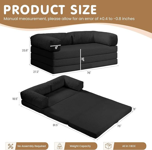 Convertible Sofa Bed King,5-in-1 Folding Boneless Couch Corduroy Futon Sofa Bed,Tri-Fold Mattress with Removable Armrests & Handle,Sleeper with Pull Out Bed for Small Space Living Room Bedroom