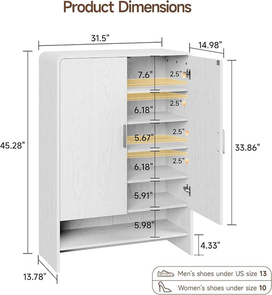 ONBRILL 6-Tier Shoe Storage Cabinet, 45'' Large Farmhouse Shoe Cabinet for Entryway, Modern Wooden Shoe Rack Organizer with Doors and Shelves, for Front Door Hallway (White)