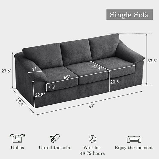 89" Boneless 3 Seater Sofa, Modern Cloud Couch for Living Room, 3 Seat Couch with Deep Seat, Thick Cushion, Comfy Upholstered Sofa for Apartment, Bedroom, No Assembly, Dark Gray