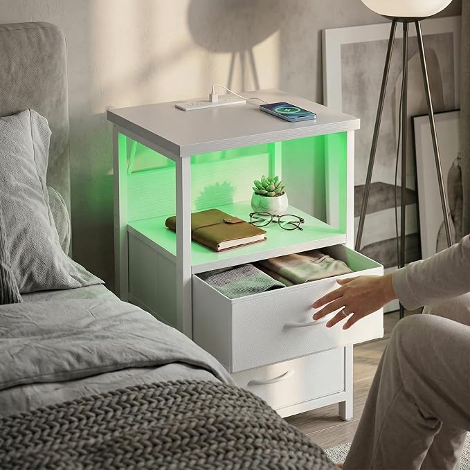 Fixwal White Nightstand for Women Bedroom, LED Night Stand with Charging Station, Bed Side Table with 2 Fabric Storage Drawers