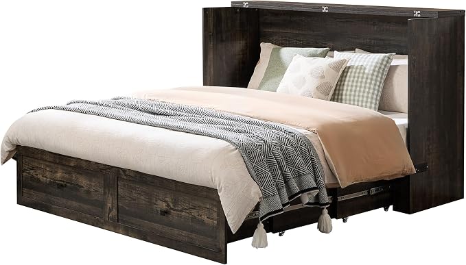 AMERLIFE Full Murphy Bed Cabinet with Charging Station and Storage, Farmhouse Foldable Platform Bed for Guest Room, Office, Small Spaces, Black Oak