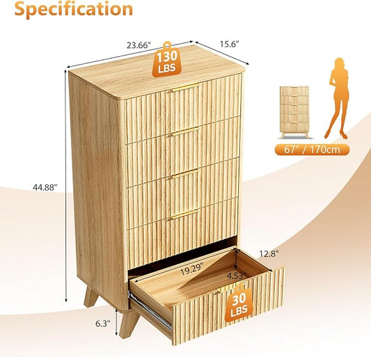 VINGLI Fluted Tall Dresser 5 Drawer, 23.66" W Chest of Drawers, Oak Wood Dresser for Bedroom Mid Century Modern with Rounded Edge, 23.66" W*15.6" D*44.88" H
