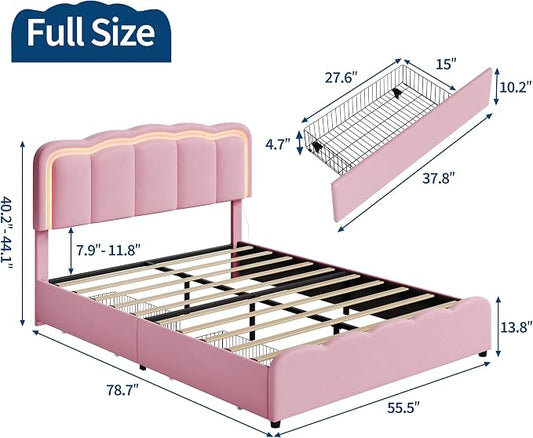 Garvee Full Size Bed Frame with 2 Storage Drawers and LED Lights, Upholstered Platform Full Bed with Adjustable Headboard, Wooden Slats Support, No Box Spring Needed, Easy Assembly, Pink