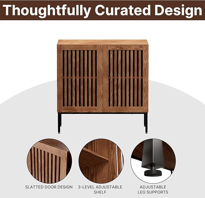 BVIUNTWO Storage Cabinet, Modern Coffee Bar with Adjustable Shelf and Metal Base, 32 Inch Wood Multifunctional Console Table for Kitchen, Living Room, Entryway, Brown