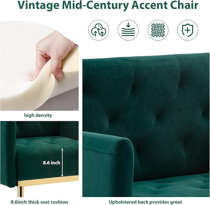 Green Accent Chair, Upholstered Velvet Armchair Comfy Modern Single Sofa Side Chair with arms and Metal Legs for Living Room Bedroom Reading