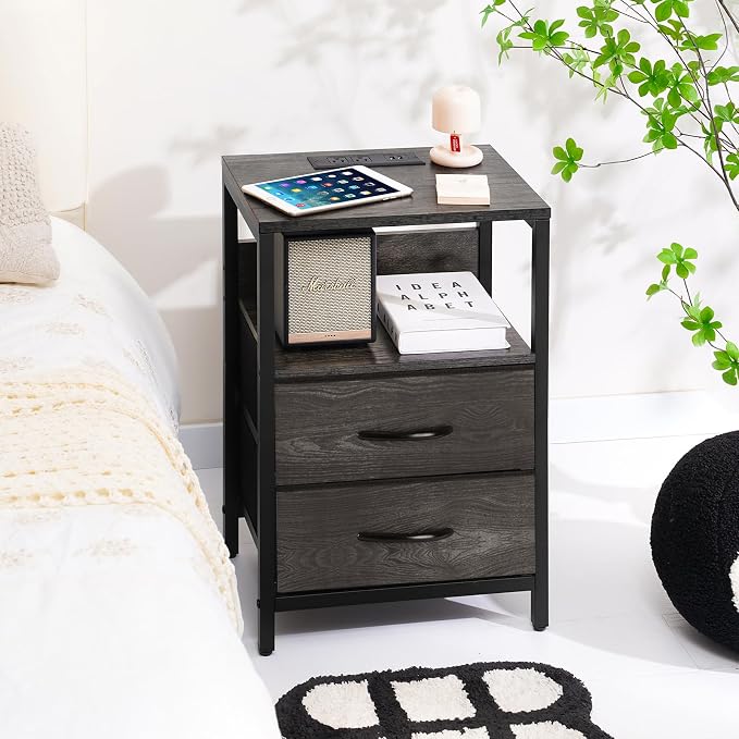 Yoobure Nightstand with Charging Station, Small Night Stand with Fabric Drawers and Storage Shelf for Bedrooms, Nightstands for Small Spaces, Bedside Table with USB Ports & Outlets, Bed Side Table