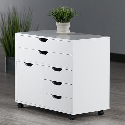 Winsome Halifax Mobile Storage Cabinet with 1 Door & 5 Drawers in White, Stylish & Functional Home Storage Cabinet for Filing, Kitchen Organization, Moveable Furniture for Office, Dorms, Apartments