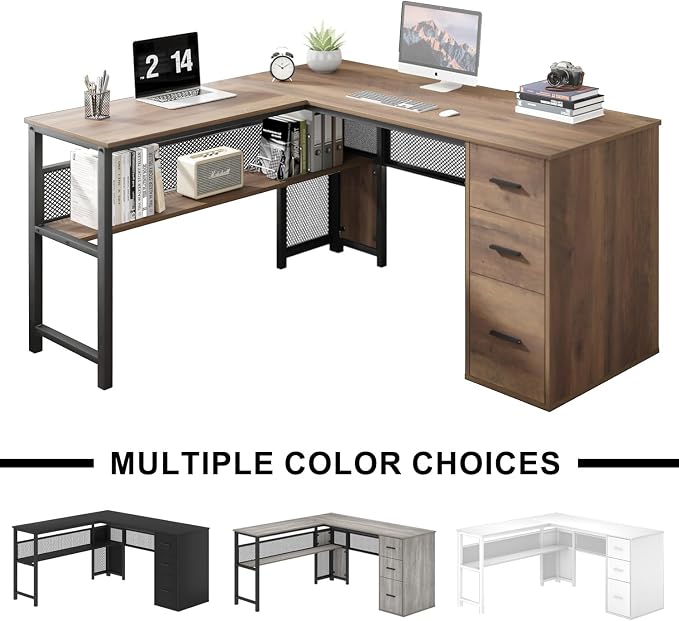 LVB Wood L Shaped Desk, Large Computer Office Desk with File Cabinets, Reversible Executive L Shape Gaming Desk with Drawers, Metal Wooden Corner Desk Table with with Storage Shelf, Rustic Oak 59 Inch