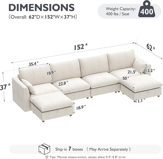 Ihanherry 152" Oversized Modular Sectional Sofa, Modern U Shaped Cloud Couch with 2 Storage Ottoman, 6-Seat Comfy Chenille Deep Seat Sofa with 2 Pillows for Living Room, Beige