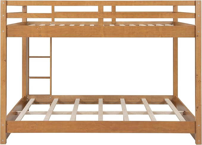 Bellemave Queen Over Queen Size Bunk Bed for Kids/Adults,Solid Wood Bunk Bed Frame Queen Size with Ladder & Safety Guardrails,Wood Color