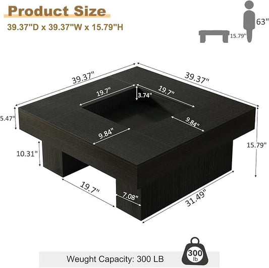 LVB Black Coffee Table, Modern Wood Led Living Room Table with Storage, Unique Large Wide Square Center Table with LED Light, Contemporary Low Tea Table for Bedroom Home Office, 39.37 Inch, Black Oak