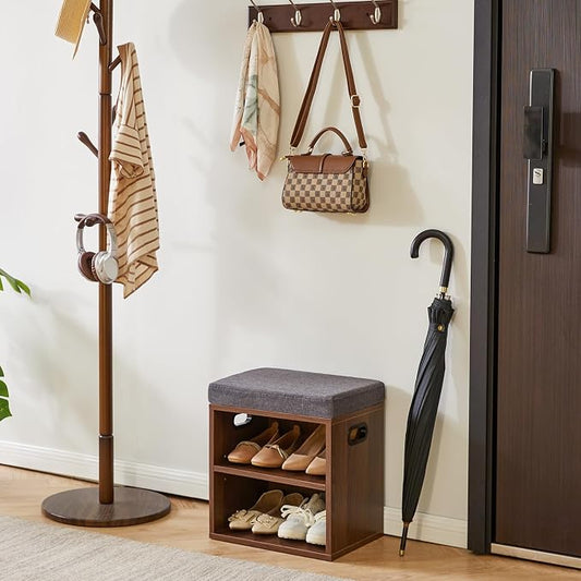 YMYNY Small Shoe Storage Bench with Cushion, 2 Tier Entryway Bench with Shoe Storage, Shoe Rack Bench for Entryway, Living Room, Hallway, Closet, Bedroom, 15.4L*11W*16.54H, Light Walnut HBD028LW