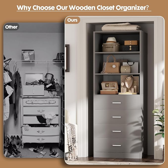 Aheaplus Closet Drawers System, 21.3" Wood Closet Organizer System with 4 Drawers, Modular Walk-in Closets System Storage Unit, Small Closets Wardrobe Rack, Tall Storage Cabinet Unit, Grey1