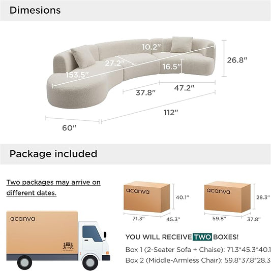 Acanva Formia Boucle Curved Sectional Sofa, 153" W Left Hand, White | Modular Couch, Modern Minimalist, Wood Frame, For Living Room, Apartment, Home Office