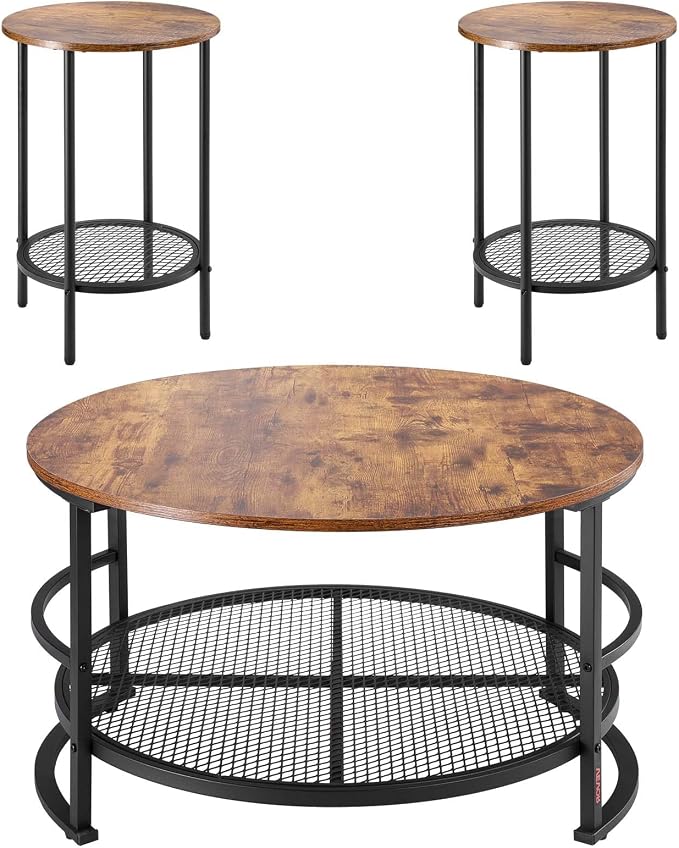 VEVOR 3 Pieces Round Coffee Table Sets, 31.5 in Industrial Living Room Table with 2 End Side Tables, Easy Assembly Coffee and End Tables Sets with Metal Legs, for Office, Living Room and Apartment