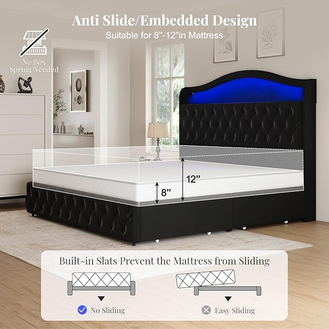King Size Bed Frame and Headboard & 4 Storage Drawers, Upholstered Platform Bed Frame with RGB LED Lights & Charging Station, No Box Spring Needed, Easy Assembly, Noise-Free, Black