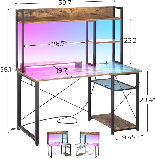 Cyclysio Gaming Desk with Hutch, 39'' Computer Desk with LED Lights & Power Outlets, Home Office Desk with Reversible 5 Tiers Storage Shelves & Monitor Stand, Small Gaming Table for Small Space,Rustic