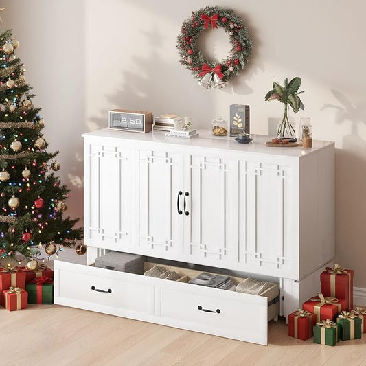 BALUS Queen Murphy Bed with Mattress, Cabinet Bed with Mattress & USB Charging Ports & Storage Drawers, Space-Saving Chest Murphy Beds, Hidden Cabinet Beds for Bedroom, Office - White