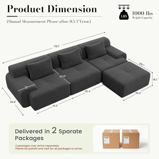 GRUSIGN 118'' Modular Sectional Oversized Boneless Couch, Tufted Cloud Sectional Couches for Living Room, L Shape Deep Seat Sofa with Ottoman & 3 Throw Pillows,Corduroy Couch,Dark Grey